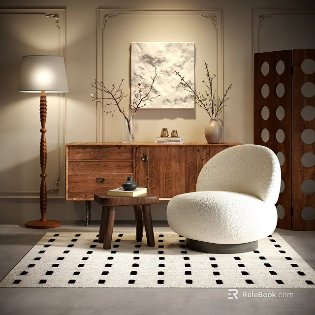 Cozy Single-Seater Sofa In Living Room With Wooden Cabinet Floor Lamp And Dotted Rug 3d model 