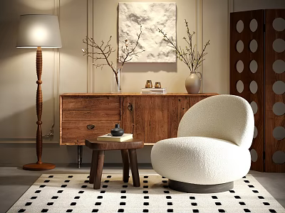 Cozy Single-Seater Sofa In Living Room With Wooden Cabinet Floor Lamp And Dotted Rug 3d model
