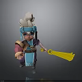 3D Chibi Cartoon Character With Blue Hair White Headdress Blue Purple Outfit And Yellow Weapon