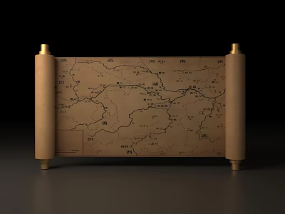 Ancient Scroll Map With Detailed Geographic Lines And Golden Roller Ends 3d model