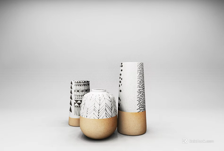 Modern Decorative Ornament Set With White Brown Vases And Geometric Patterns 3d model 