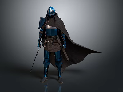Armored Medieval Warrior In Blue Armor With Helmet Black Cape And Sword 3d model