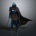 Armored Medieval Warrior In Blue Armor With Helmet Black Cape And Sword