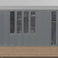 Modern Light Gray Bookcase With Glass And Wooden Doors Built-in Lighting Books Decorations And Plants
