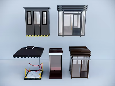 Multiple Security Booth Structures With Various Designs Glass Panels And Warning Stripes 3d model
