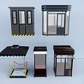 Multiple Security Booth Structures With Various Designs Glass Panels And Warning Stripes 3d model