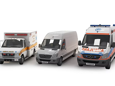 Three Different Utility Vehicles Including Ambulance And Van With Emergency Lights 3d model