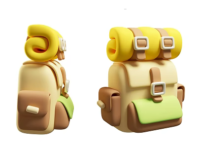 Cute Cartoon Style Backpacks with Beige Brown Green and Rolled Yellow Top Pockets 3d model