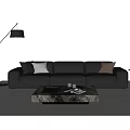 Modern Black Leather Sofa And Marble Coffee Table Set With Decorative Pillows In Living Room