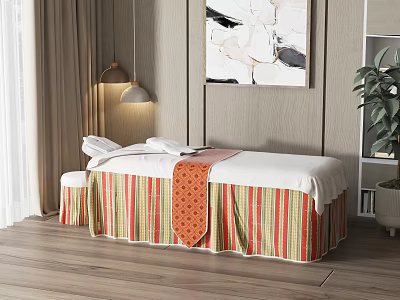 Modern Massage Bed With Colorful Striped Skirt And White Sheets In Spa Room Interior 3d model