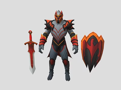 Mythical Game Character In Red Black Armor With Sword And Shield 3d model