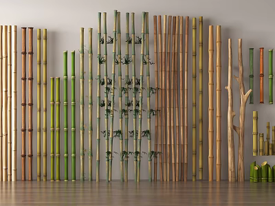 Various Bamboo Stalks And Leaves In Different Colors Green Yellow Brown Arranged Against White Wall 3d model