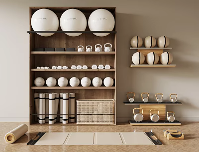 Sports Equipment Organization with White Exercise Balls Kettlebells Yoga Mats and Wooden Shelves 3d model