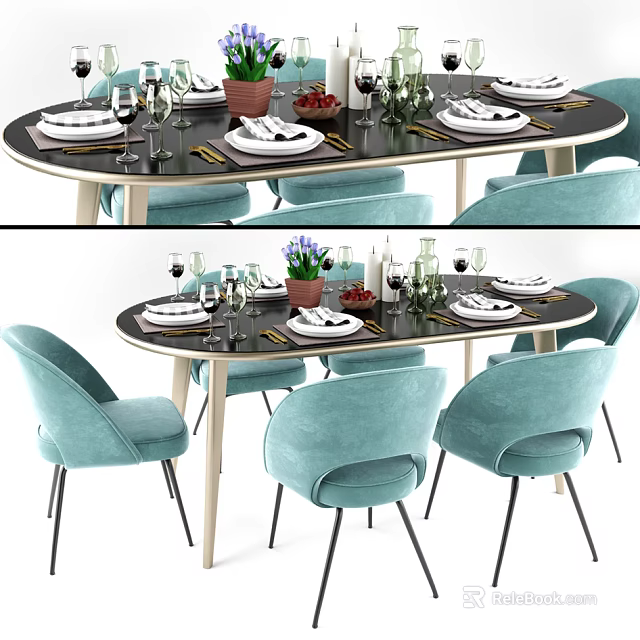 Oval Dining Table Set With Light Blue Chairs And Dinnerware Wine Glasses Green Plants 3d model 