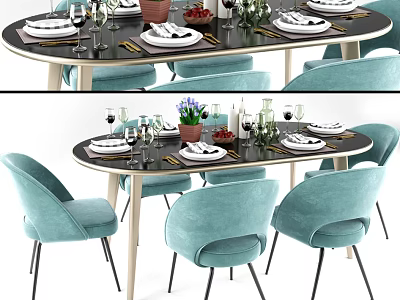 Oval Dining Table Set With Light Blue Chairs And Dinnerware Wine Glasses Green Plants 3d model