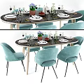 Oval Dining Table Set With Light Blue Chairs And Dinnerware Wine Glasses Green Plants 3d model