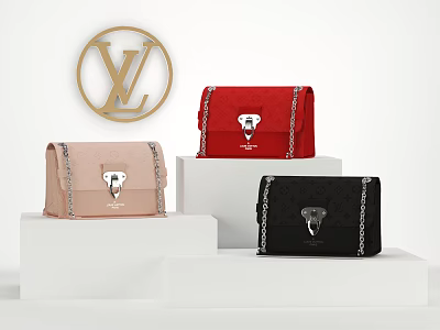 LV Pink Red Black Structured Bags With Emblem On White Display Stands 3d model