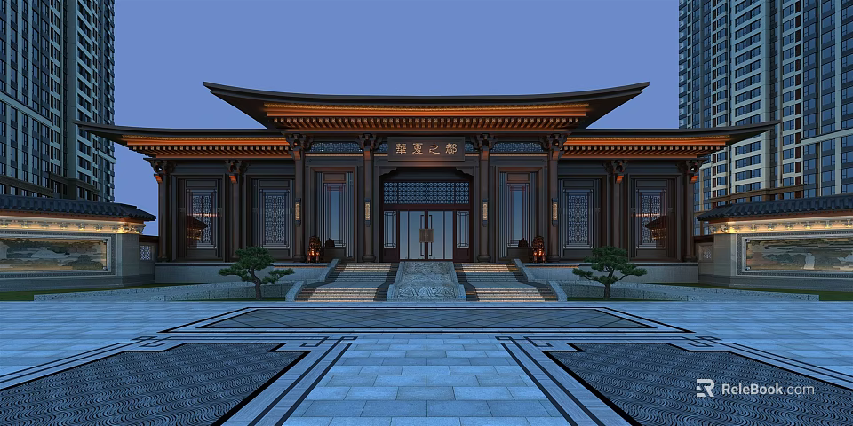 Traditional Chinese Entrance Gate With Stone Steps And Green Plants Under Classical Roof 3d model 