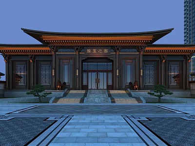 Traditional Chinese Entrance Gate With Stone Steps And Green Plants Under Classical Roof 3d model