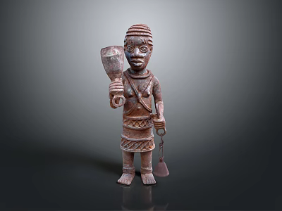 African Wooden Carved Figure Holding Ceremonial Object With Traditional Patterns And Intricate Details 3d model