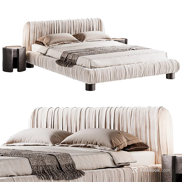 Elegant Double Bed With Pleated Beige Headboard Soft Pillows Cozy Throw Blanket And Wooden Nightstand 3d model 