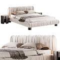 Elegant Double Bed With Pleated Beige Headboard Soft Pillows Cozy Throw Blanket And Wooden Nightstand