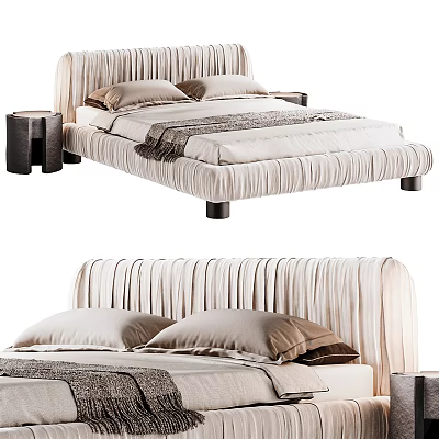 Elegant Double Bed With Pleated Beige Headboard Soft Pillows Cozy Throw Blanket And Wooden Nightstand 3d model