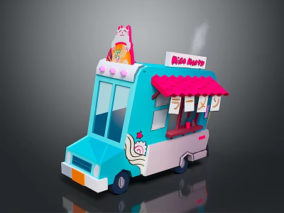 Cute Doll Topped Blue Boba Nini Food Truck With Pink Awning And Windows 3d model