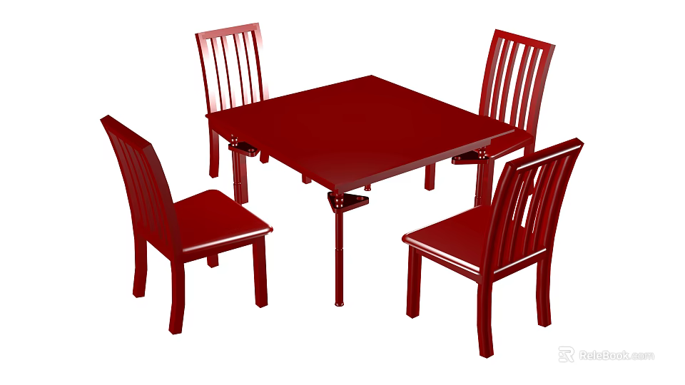 Red Square Wooden Dining Table Set with Four Matching Chairs 3d model