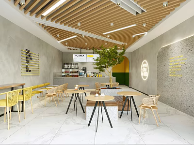 Modern Milk Tea Shop Interior Design With Wooden Ceiling Yellow Chairs Green Plant And Tables 3d model