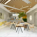 Modern Milk Tea Shop Interior Design With Wooden Ceiling Yellow Chairs Green Plant And Tables