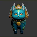 Vibrant Blue Decorative Cat Figurine With Golden Wings Ornate Patterns And Bell Accents