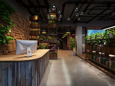 Modern Shop Front Desk With Wooden Counter Green Plants Hanging Lights And Bookshelves 3d model
