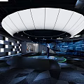 Modern Tech Exhibition Interior With Curved White Ceiling Circular Floor And Checkered Wall Screens 3d model