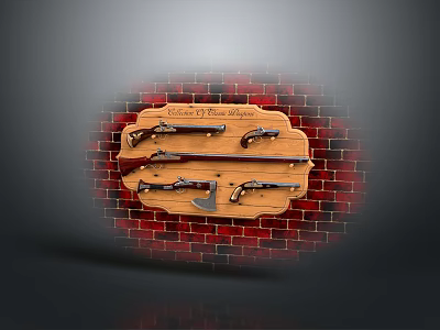 Custom TNT Weaponry Collection With Revolvers Axe And Rifle Mounted On Brick Wall 3d model