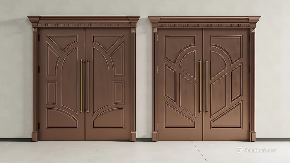 Elegant Brown Double Doors With Golden Handles And Geometric Carvings For Home Entrance Design 3d model 