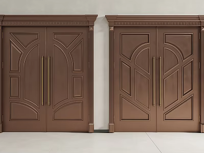Elegant Brown Double Doors With Golden Handles And Geometric Carvings For Home Entrance Design 3d model