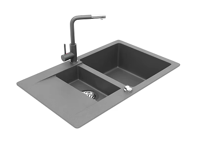 Gray Double Bowl Modern Kitchen Sink With Single Handle Faucet And Sleek Design 3d model