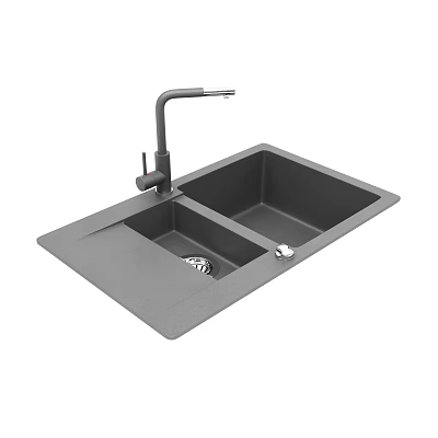 Gray Double Bowl Modern Kitchen Sink With Single Handle Faucet And Sleek Design 3d model
