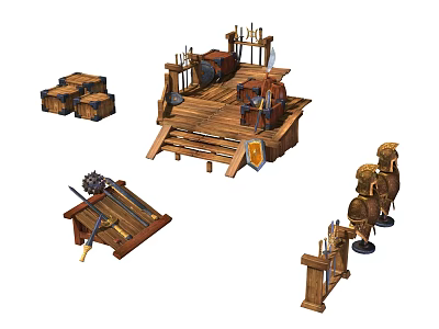 Traditional Wooden Weapon Collection Featuring Crossbow Shield Storage Crates And Stands 3d model