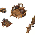Traditional Wooden Weapon Collection Featuring Crossbow Shield Storage Crates And Stands
