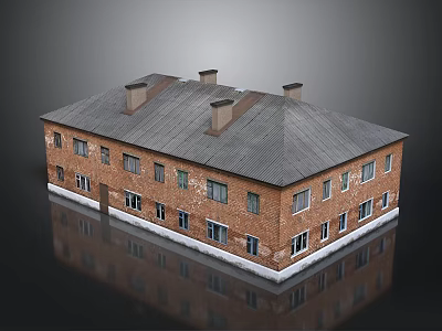 Old Style Red Brick Building With Gray Roof Multiple Chimneys And Aligned Windows 3d model