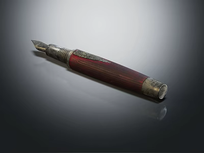 Elegant Vintage Fountain Pen With Red Wooden Barrel Metal Nib And Decorative Accents 3d model