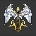 Elegant Golden Cross With White Wings Blue Gems And Intricate Flame Patterns