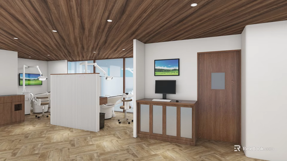 Modern Dental Clinic Interior With Wooden Ceiling Reception Area And Herringbone Floor 3d model 