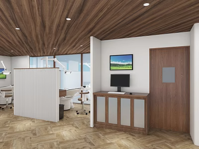 Modern Dental Clinic Interior With Wooden Ceiling Reception Area And Herringbone Floor 3d model