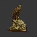 Detailed Eagle Sculpture Perched on Rock with Red Wooden Base Pedestal