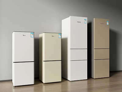 Display of Modern Refrigerators and Freezers in Various Colors Against Grey Wall and Wooden Floor 3d model