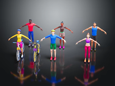 Colorful Multiple Cartoon Sport Characters Riding Bicycles And Standing In Sportswear 3d model