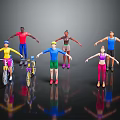 Colorful Multiple Cartoon Sport Characters Riding Bicycles And Standing In Sportswear